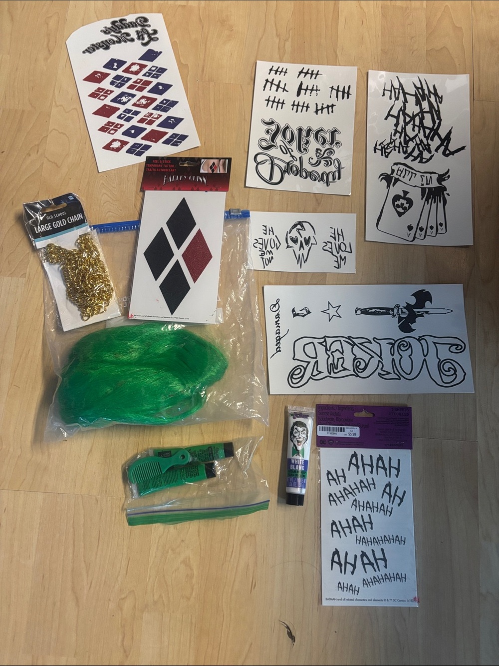 Harley Quinn and joker Costume Temporary Tattoos & Green Wig Set